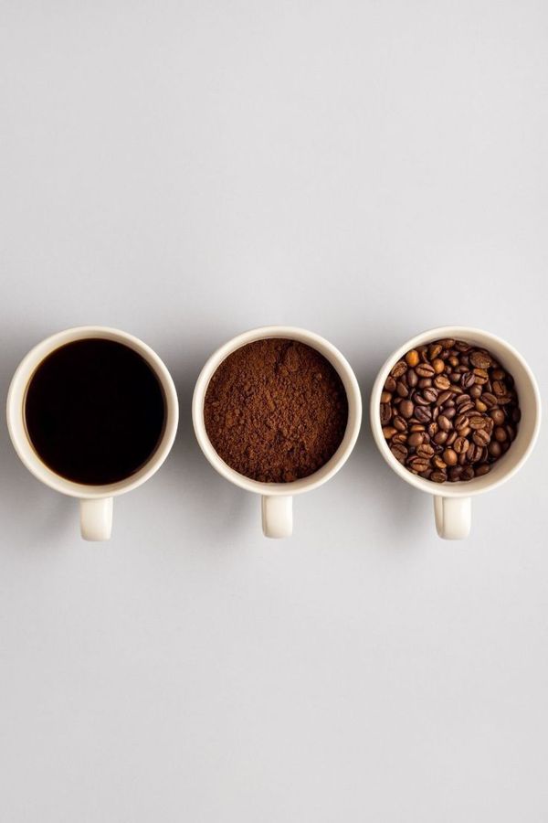 Coffee as liquid, grounds and whole beans